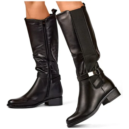 primohurt Black eco-leather boots, women's knee-high boots, elastic upper