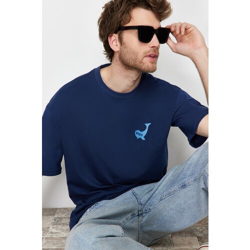 Trendyol Navy Blue Men's Oversize Animal Embroidery Printed 100% Cotton T-Shirt Slike