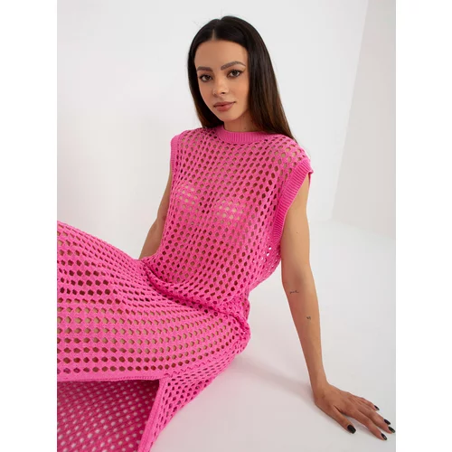 Fashion Hunters Pink summer knitted dress with openwork pattern