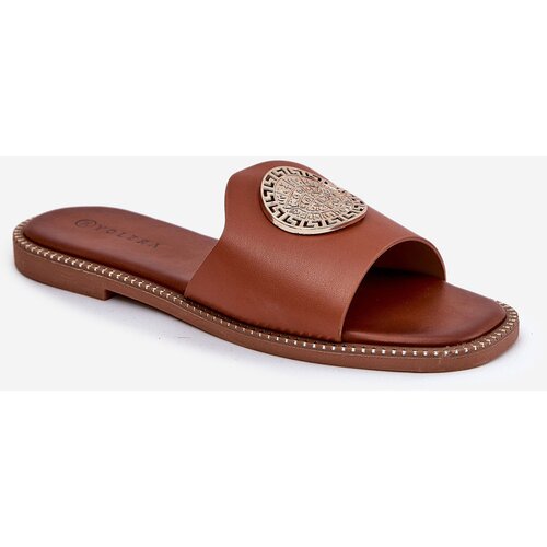Boto Eco Leather Slippers On Flat Heel With Decoration Camel Tatereia Cene