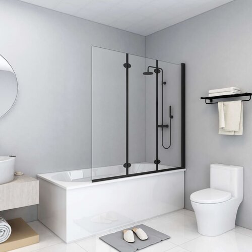 The Living Store Zložljiva pregrada za tuš s 3 paneli ESG 130x138 cm črna - Pregrada Za Tuš, (21750963) Cene