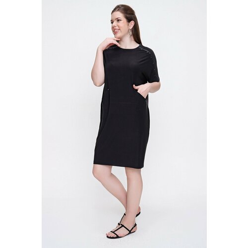 By Saygı Staple Detailed Style Lycra Plus Size Dress Black Slike