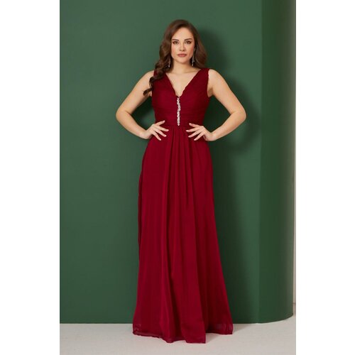 Carmen Claret Red Chiffon Long Evening Dress And Invitation Dress With Stones. Slike
