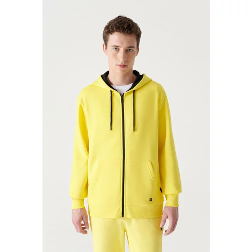 Avva Men's Neon Yellow Unisex Sweatshirt Hooded Inside Collar Fleece 3 Thread Zipper Standard Fit Normal K