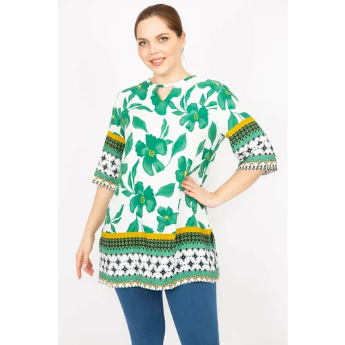 Şans Women's Green Plus Size Woven Viscose Fabric Water Patterned Tunic