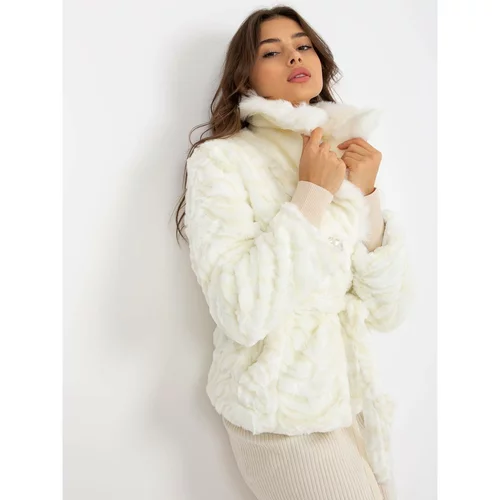 Fashion Hunters White fur winter jacket with a tie belt