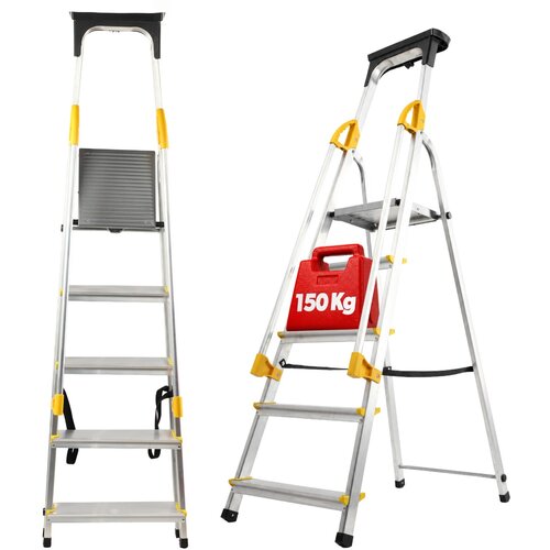 KADAX aluminijasta gospodinjska lestev, 5-stopenjska zložljiva lestev z ograjo, 150 kg, (5000346199) Cene