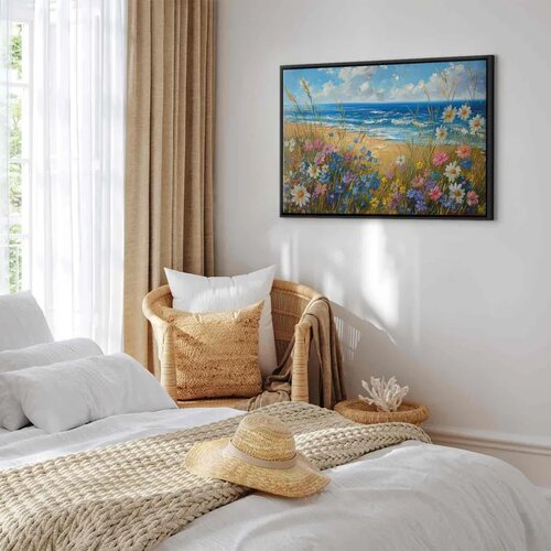  Slika - Seascape &amp;ndash; wildflowers and a view of the rough sea 120x80 U crnom drvenom okviru Slike