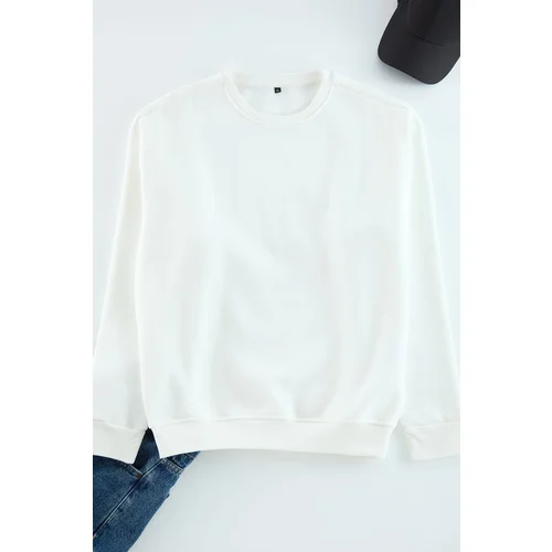 Trendyol Ecru Oversize/Wide Cut Cotton Basic Thick Sweatshirt with Fleece Inside