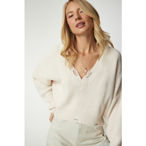 Happiness İstanbul Women's Cream Ripped Detailed V-Neck Knitwear Sweater Slike