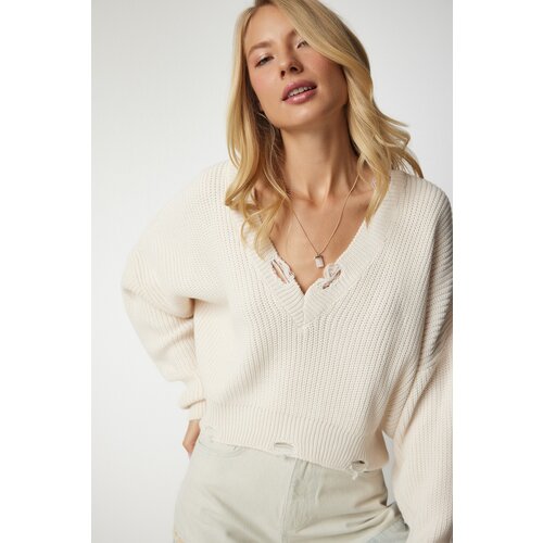  Women's Cream Ripped Detailed V-Neck Knitwear Sweater Cene