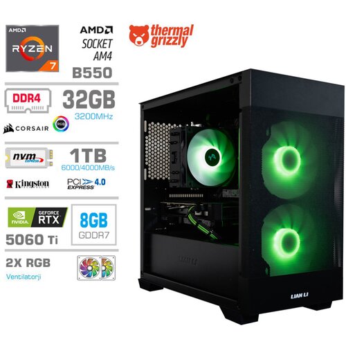 MEGA Računalnik MT S7X R7-5700X/RTX5060Ti/32GB/1TB-4.0/750W/Brez OS/črna RGB + Estetski napajalni kabli [Zelena / Črna], (5000130869) Cene