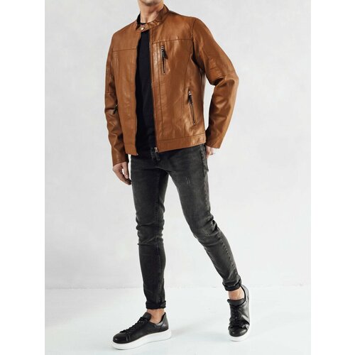 DStreet Men's Camel Leather Jacket Cene