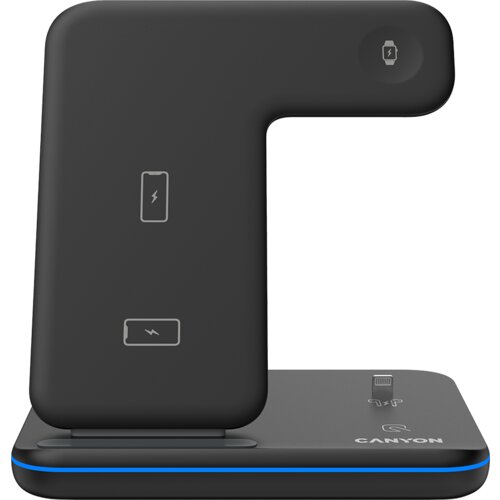 Canyon WS-302, 3in1 Wireless charger, with touch button for Running water light, Input 9V/2A,12V/1.5A Output 15W/10W/7.5W/5W, Type c to USB-A cable length 1.2m,with QC18W EU plug 137*103*140 Slike