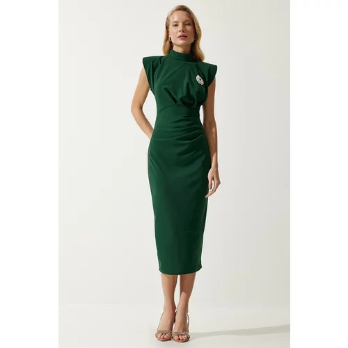 Happiness İstanbul Women's Emerald Green Stylish Brooch Gathered Wrap Knitted Dress