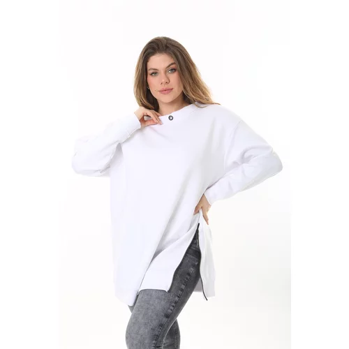 Şans Women's Plus Size White Side Zipper And Collar Detailed Sweatshirt