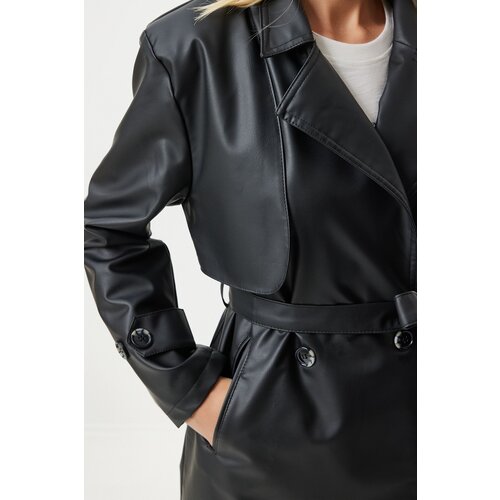  Women's Black Faux Leather Double Breasted Collar Short Trench Coat Cijene