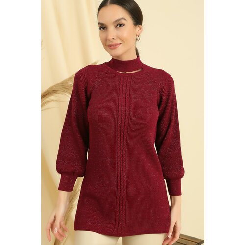 By Saygı Low-cut Neck Braided Pattern Plus Size Sports Tunic Sweater Slike