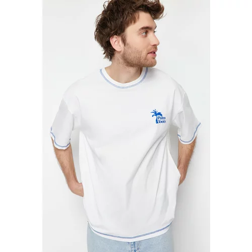 Trendyol Ecru Men's Oversize Stitching Detailed Printed 100% Cotton T-Shirt