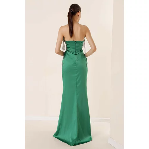 By Saygı Green Draped Lined Long Chiffon Dress with Shiny Drawstrings