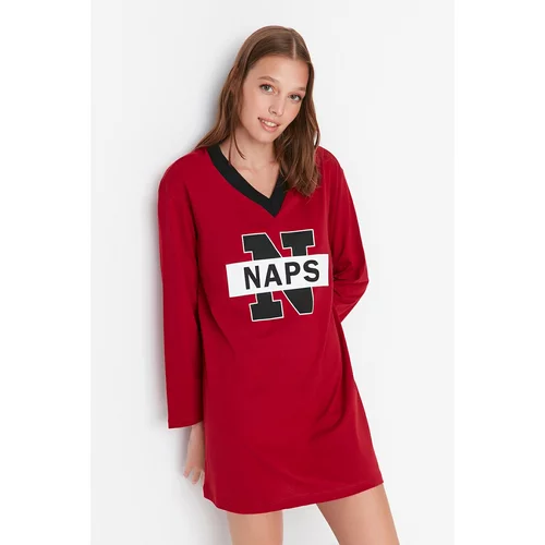 Trendyol Claret Red Slogan Printed Knitted Nightgown