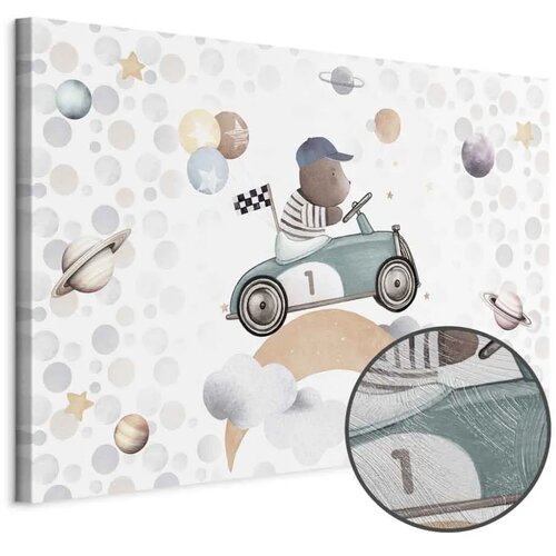  Slika - Galactic Races - A Bear Participating in Car Races Among Planets Clouds and Stars in Pastel Hues 30x20 Premium Print Cijene