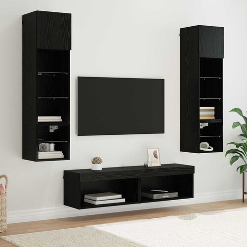 vidaXL TV zidna enota z LED lučmi 6 pcs Črna Orehovina Konstruiran les Cene
