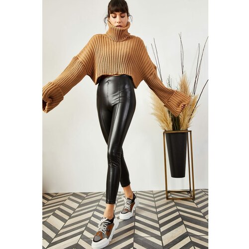 Olalook Women's Black Fleece Faux Leather Leggings Slike