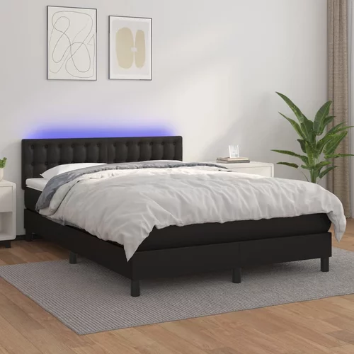 vidaXL Box spring postelja z vzmetnico LED črna 140x190 cm um. usnje