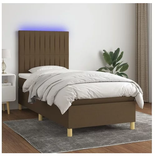  Box spring postelja z vzmetnico LED temno rjava 90x200 cm blago