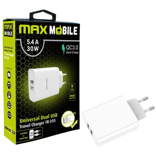 Max Mobile KUĆNI ADAPTER QC 3.0 QUICK CHARGE DUAL USB TR-255 5.4A,30W Cijene