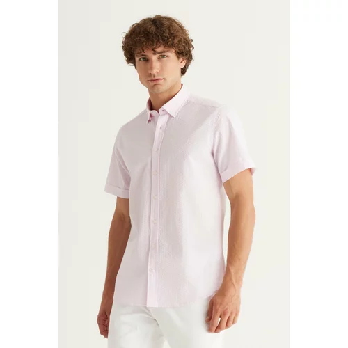 AC&Co / Altınyıldız Classics Men's Pink Slim Fit Slim Fit Shirt with Hidden Buttons Collar 100% Cotton See-through Pattern Short Sleeve Shirt.