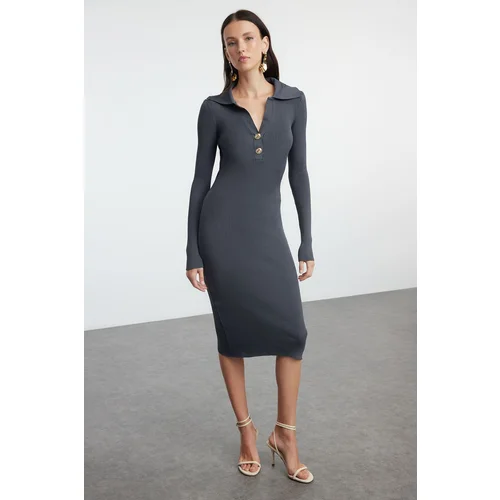 Trendyol Anthracite Midi Knit Polo Neck Dress