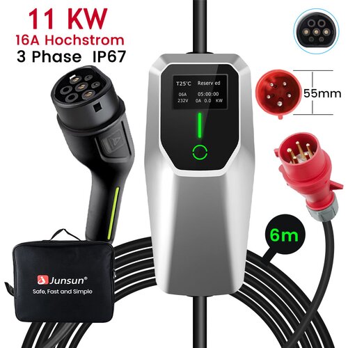 JUNSUN Tip 2 EV Polnilni Kabel za Električna Vozila – 3-Fazni 11KW, Nastavljiv Tok, Prenosni Polnilec 6M s CEE16A Vtičnico in Torbico (6/8/10/13/16A), (22127985) Cene