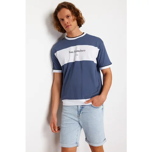 Trendyol Indigo Men's Relaxed/Comfortable Cut Color Block Printed 100% Cotton T-Shirt