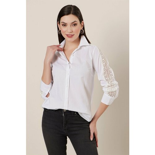 By Saygı Shirt with Lace Detail on the Sleeves is White Cene