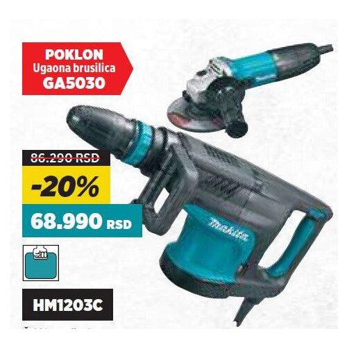 Makita Elektro-pneumatski čekić za štemovanje Makita HM1203C, SDS-max + poklon ugaona brusilica GA5030 u koferu Cene