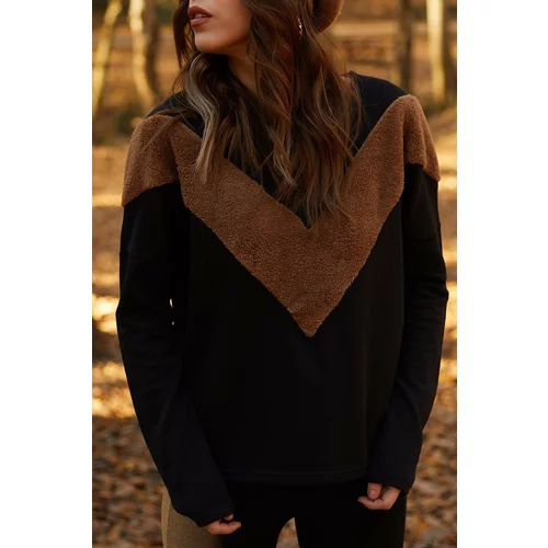 XHAN Women's Black Faux Fur Block Sweatshirt