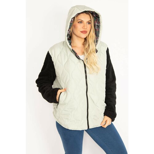 Şans Women's Plus Size Stone Quilted Fabric Sleeves Plush Hooded Front Zippered Puff Coat Slike