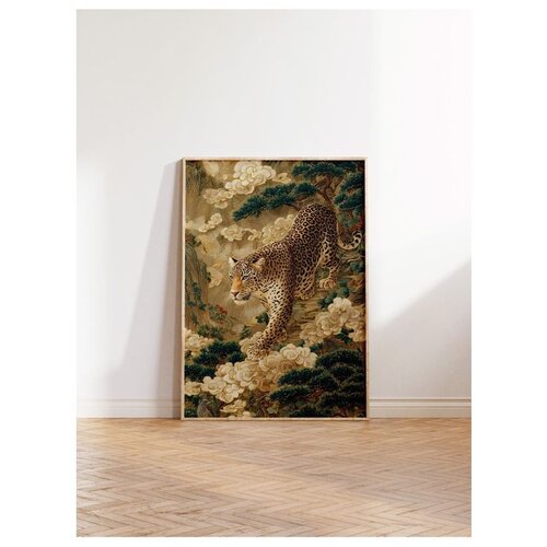 Wallxpert uramljena slika 115251, leopard među borovima i belim cvetovima, 30 x 40 cm, ram u boji prirodnog drveta Slike