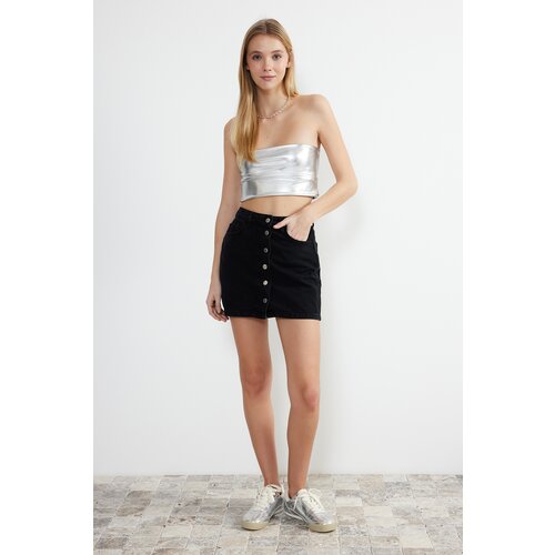 Trendyol Black Buttoned Front High Waist Mini Denim Skirt Slike