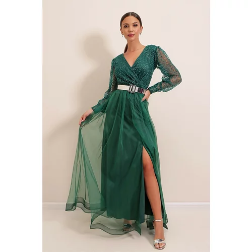 By Saygı Double-breasted Collar Long Sleeves Lined With Belt, Zip-Up Long Dress Emerald