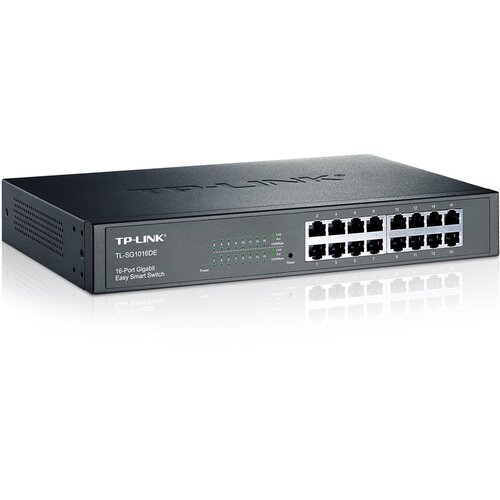 Tp-link 16-Port Gigabit Easy Smart Switch, 16 10/100/1000Mbps RJ45 ports, MTU/Port/Tag-based VLAN, QoS, IGMP Snooping, 1U 13-inch rack-mountable steel case Slike