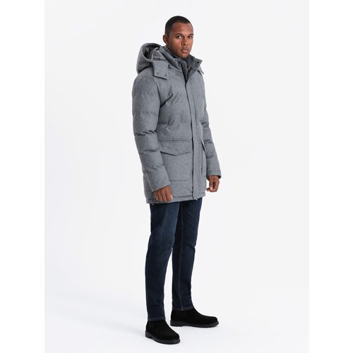 Ombre Warm long men's parka jacket with wool - grey melange Cene