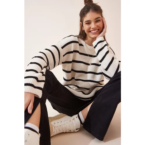 Happiness İstanbul Women's Bone Black Striped Oversized Knitwear Sweater