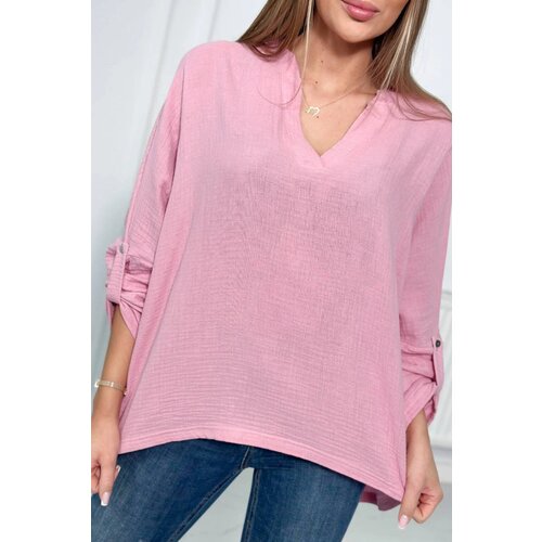 Kesi Cotton blouse with rolled up sleeves in light pink color Cijene