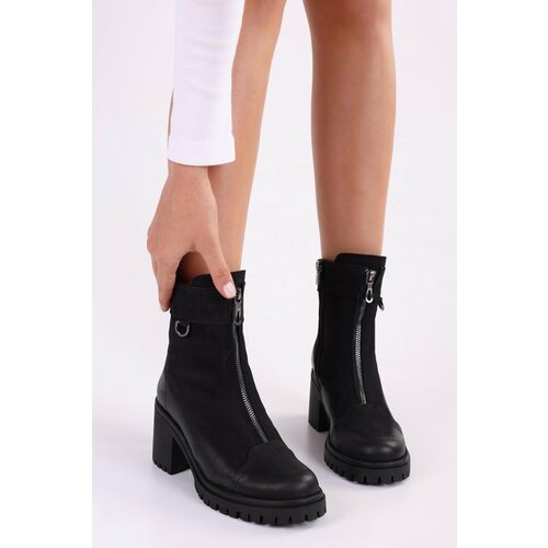 Shoeberry Women's Elsie Black Genuine Suede Leather Daily Heeled Boots Slike