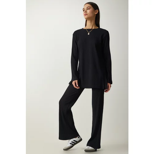 Happiness İstanbul Women's Black Corded Knitted Blouse and Trousers Set
