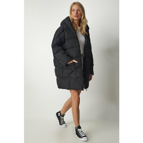 Happiness İstanbul Women's Black Oversized Down Jacket with a Hoodie Cene