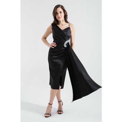 Lafaba Women's Black One Shoulder Jewelled Midi Evening Dress Slike